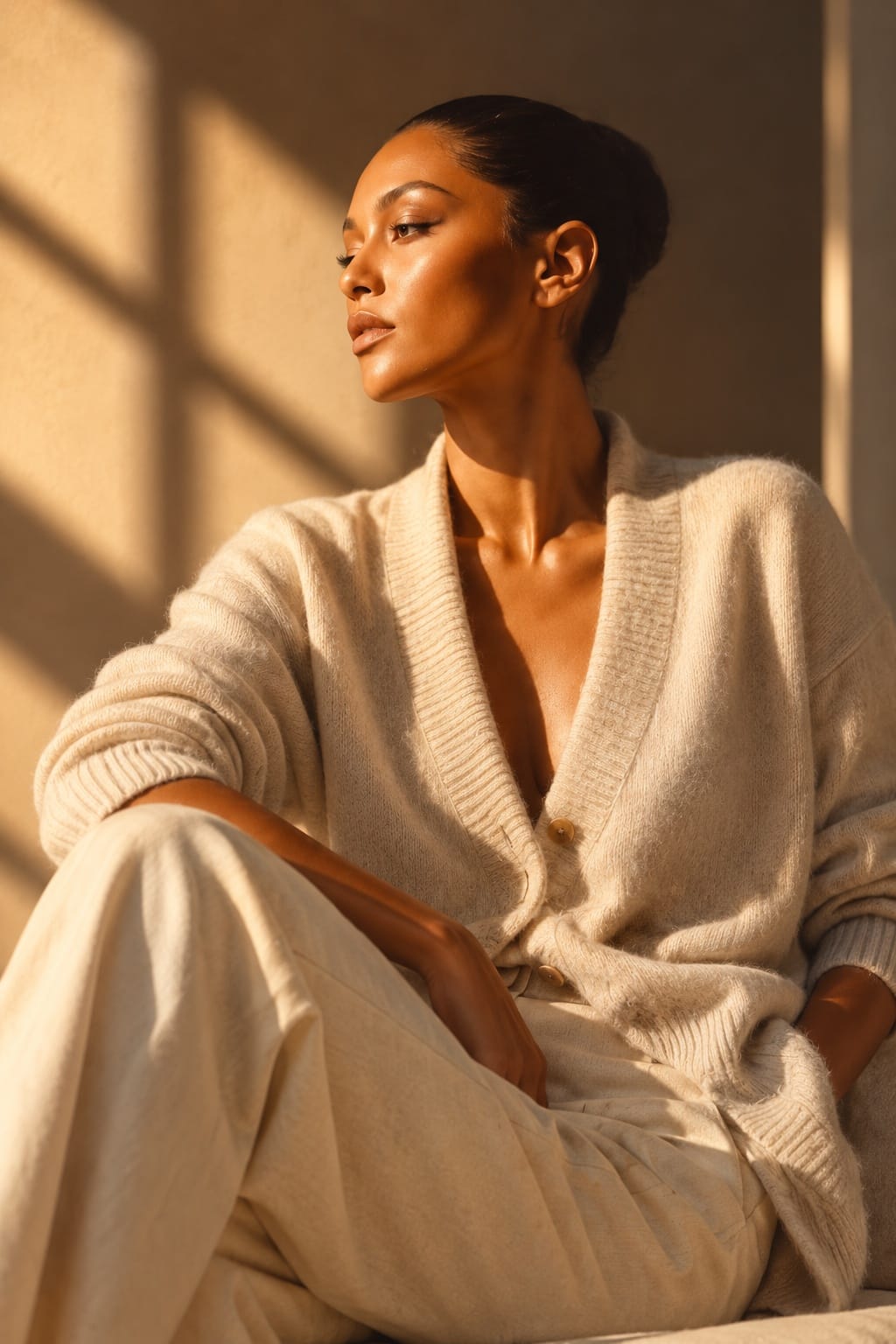 A woman in a cream cardigan seated in warm window light