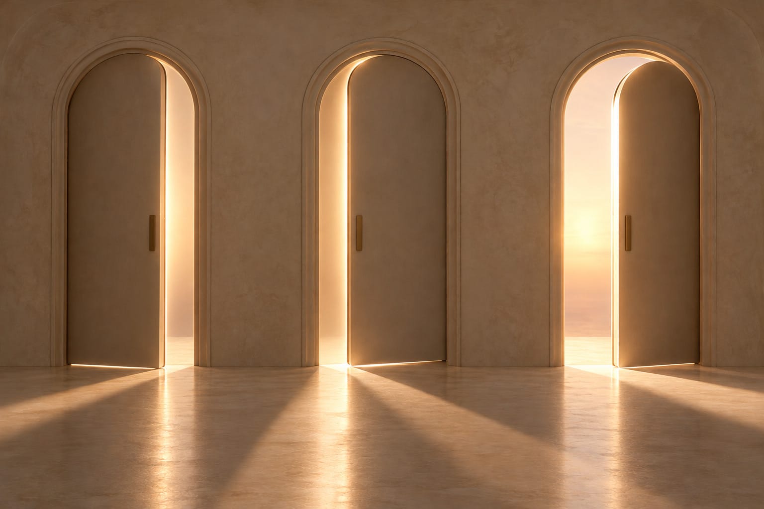Three arched doors opening onto warm light