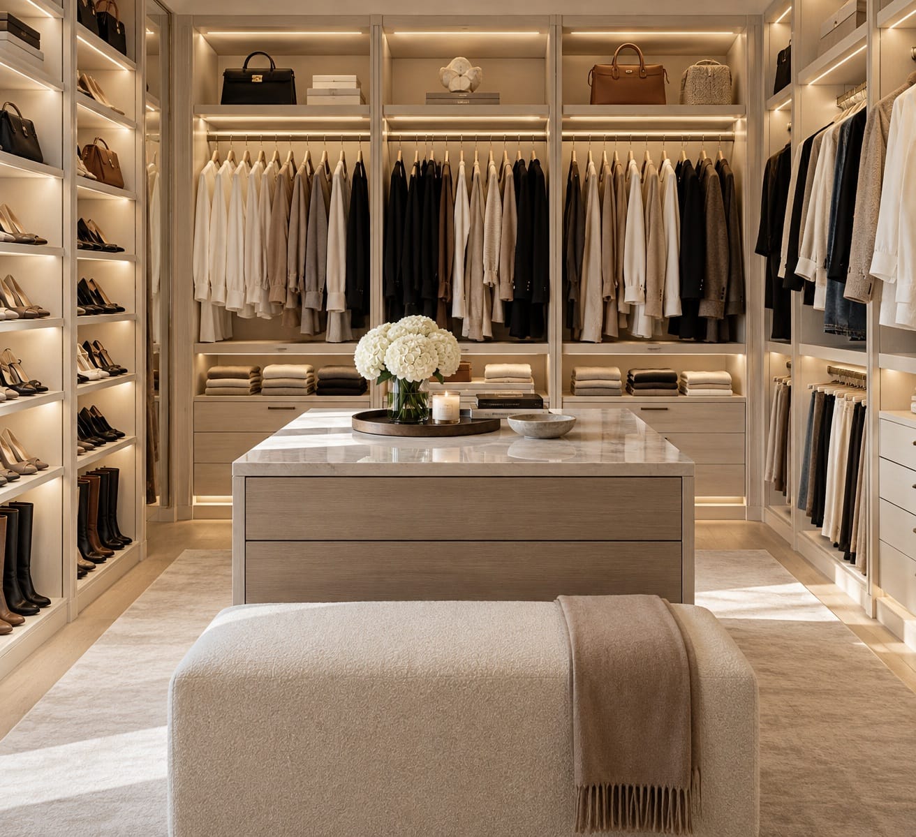 A walk-in wardrobe with lit shelves and a marble island