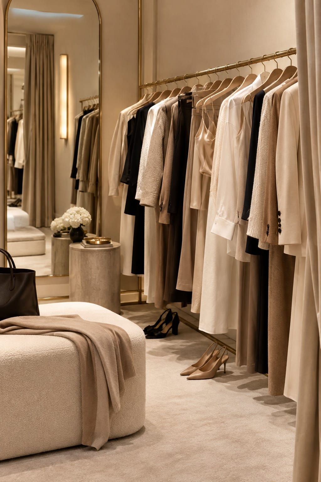 A softly lit dressing room with a rail of neutral clothing