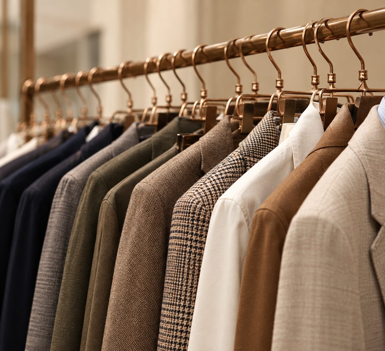 Tailored jackets on copper hangers