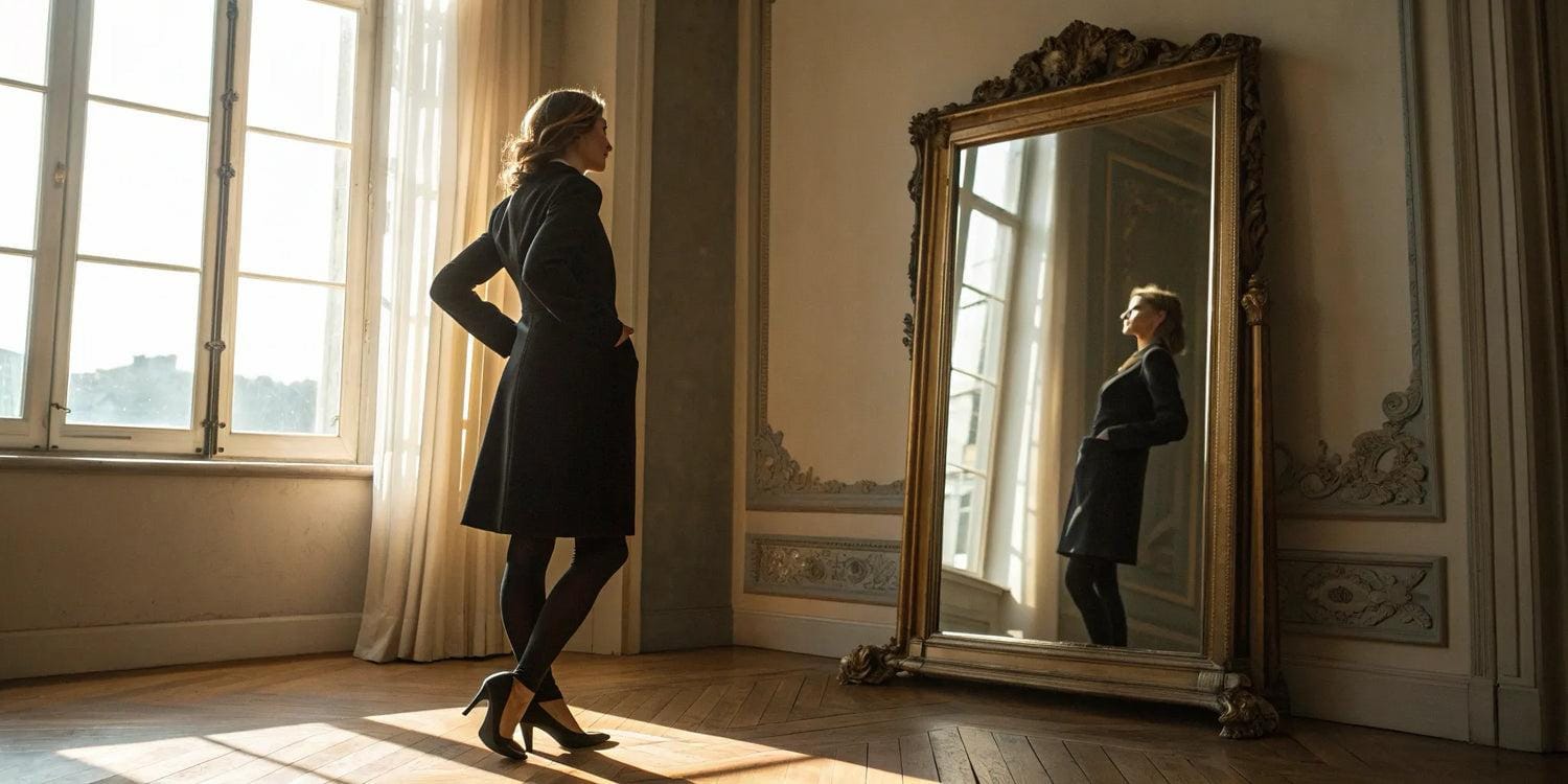 A woman in a black coat regarding her reflection in a gilded mirror